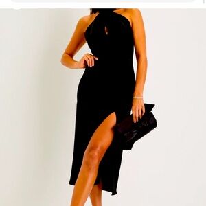 Lulu’s cross neck black satin dress